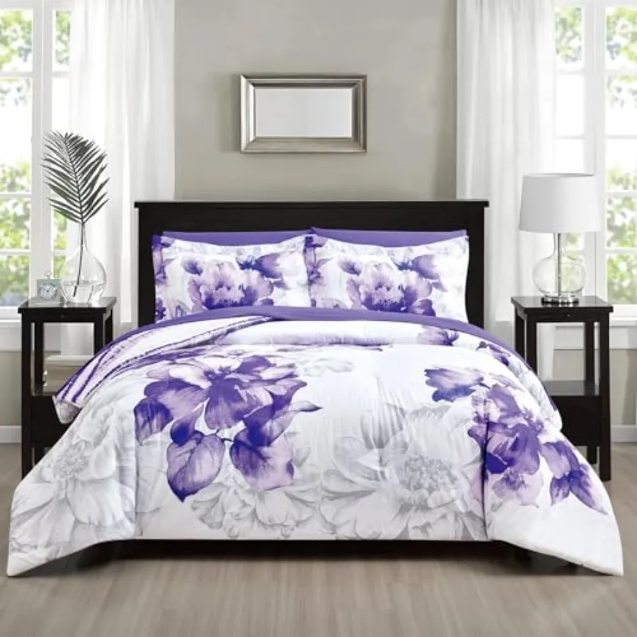 

Soft Brushed Microfiber Comforter Set 7 Pieces King with Light Weight Soft Poly Fill Printed Dark Purple Big Florals Face with