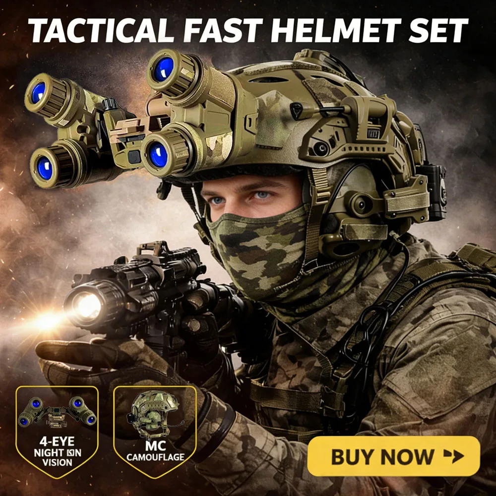 Tactical FAST Helmet Set with 4Eye NVG MultiCam Camouflage Patch Adjustable Straps for Military Hunting Airsoft Operations