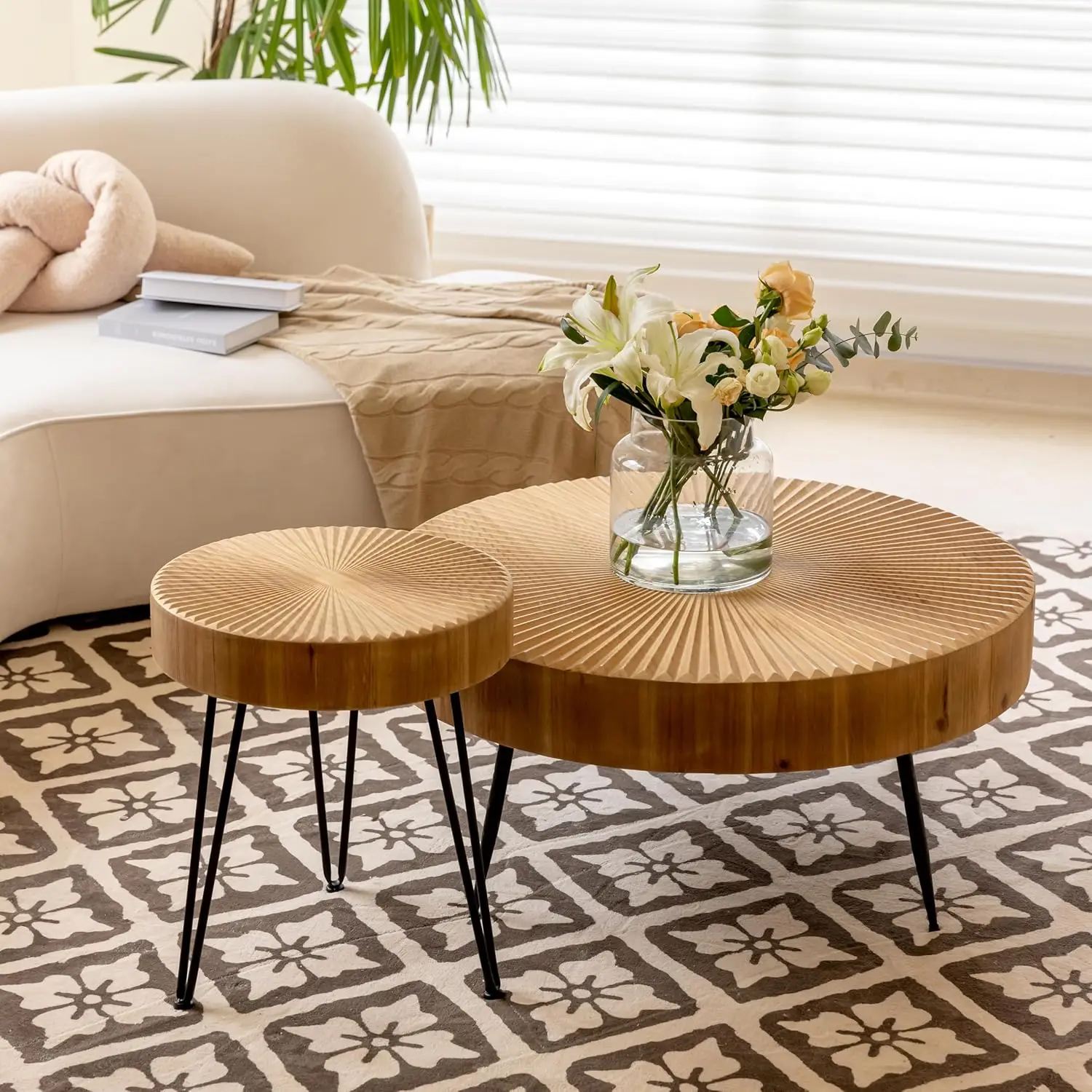 Farmhouse Living Room Coffee Table Set, Nesting Table Round Natural Finish with Handcrafted Wood Radial Pattern