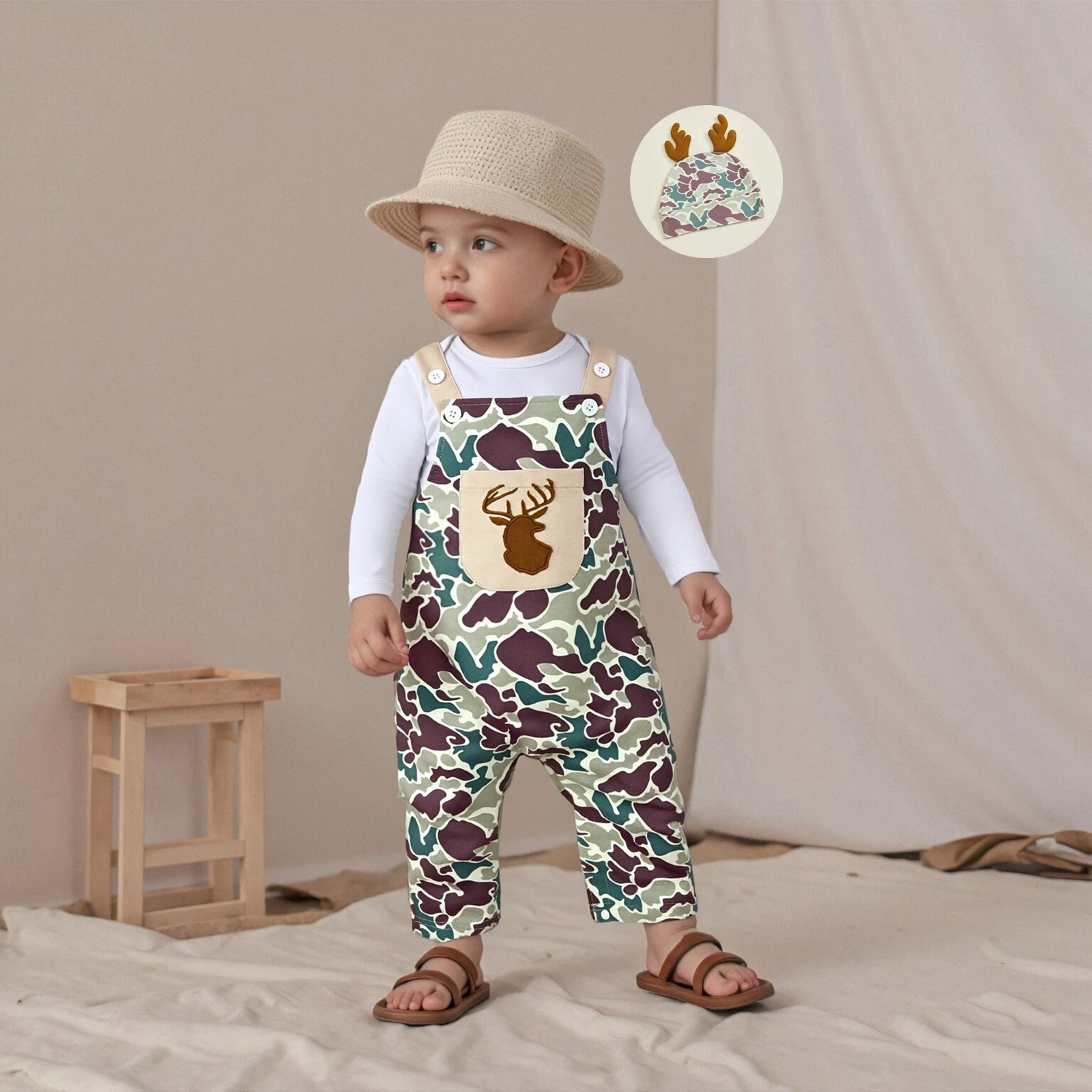 2026 السنة الجديدة الشتاء بيبي بوي الخريف الزي الصلبة طويلة الأكمام رومبير عيد الميلاد كامو عموما السراويل وقبعة 3 قطعة مجموعات الطفل