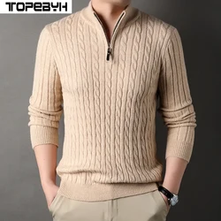 Suéter de cuello alto de punto para hombre, suéter con cremallera de cuarto, ajustado, informal, Invierno