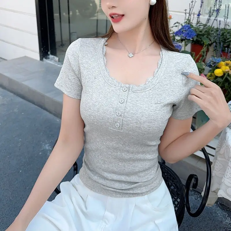 

Fashion O-Neck Button Spliced Lace T-Shirts Female Clothing Summer New Loose Short Sleeve Korean Tops All-match Tee Shirt