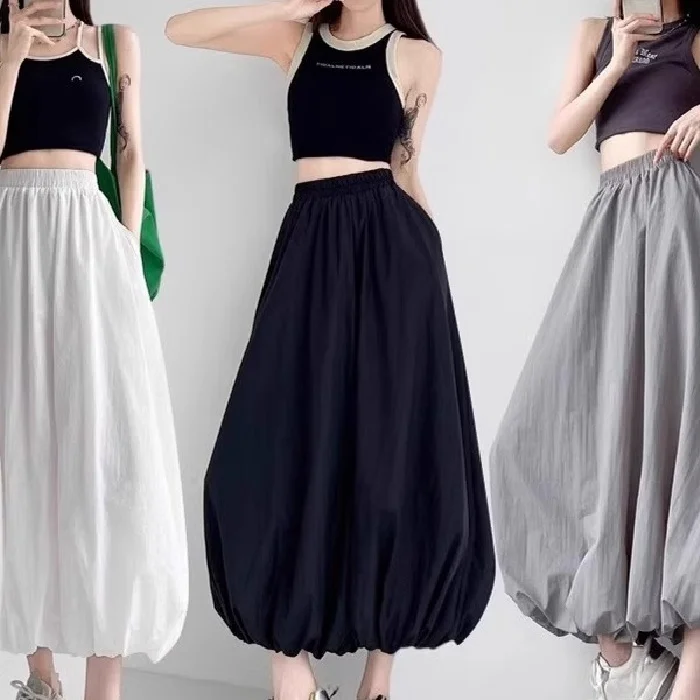 Puffy A-Lineกระโปรงผู้หญิงดอกไม้สีขาวBud Design Senseจีบกระโปรงยาวขนาดเล็กเอวสูงเกาหลีSleเดินทาง