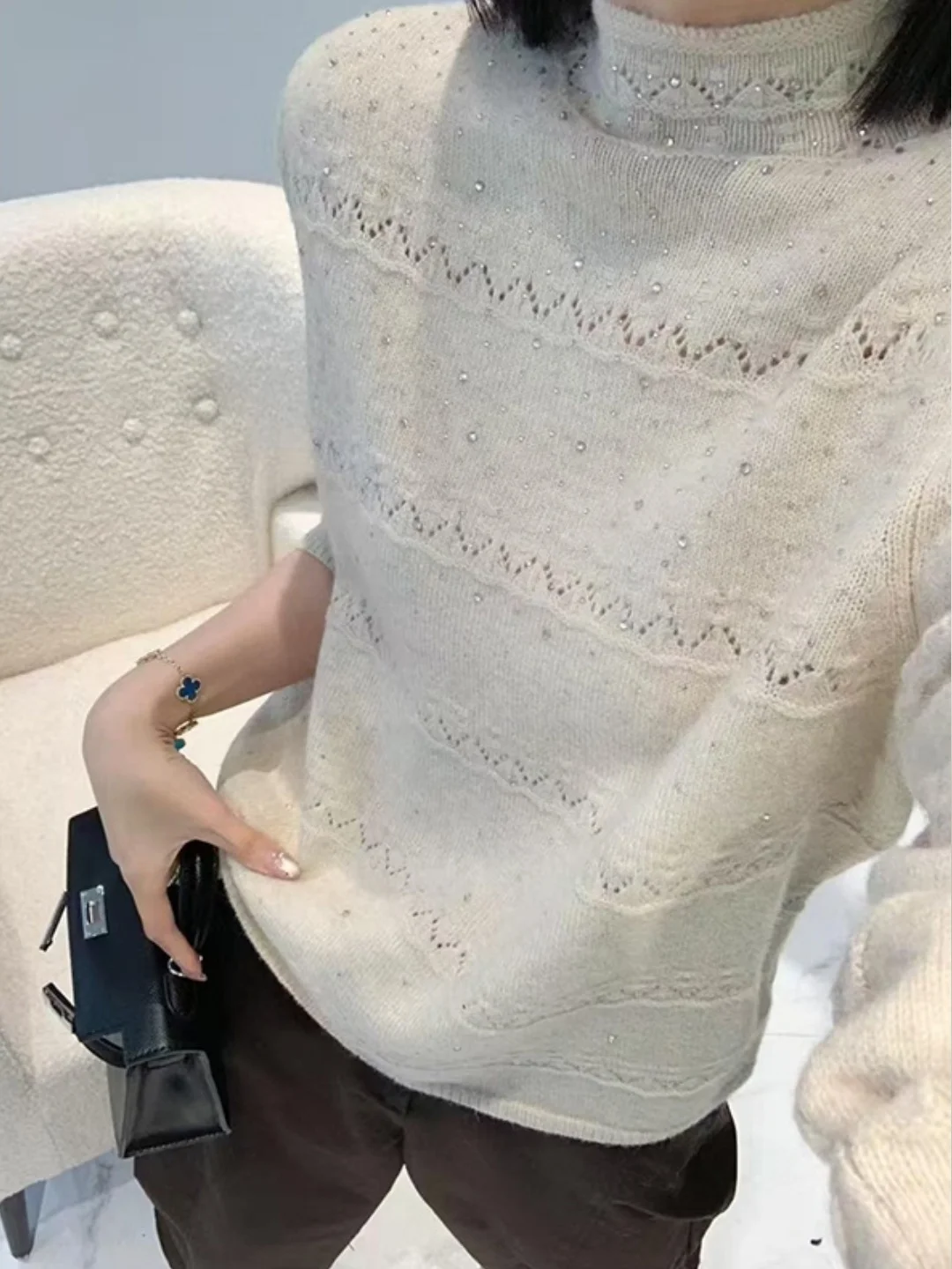 

Faionable Lazy Sle Glitter Base irt Knitted Sweater f High Collar Ele Spring Autumn Top Women's Casual Wear