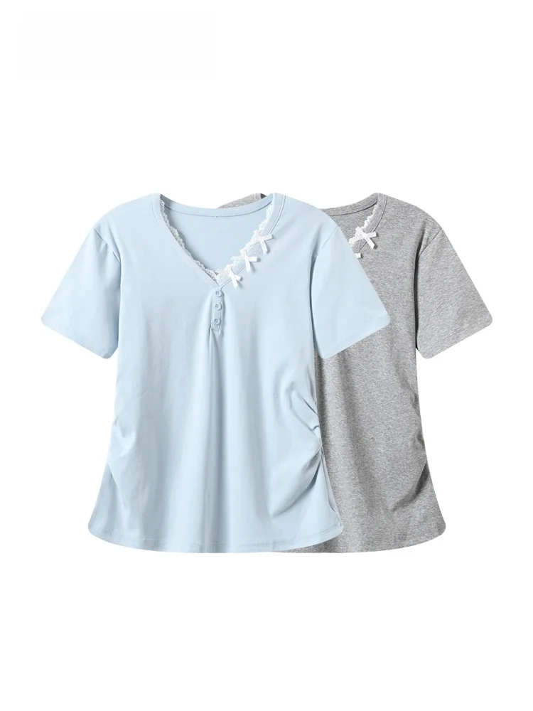 

Summer New Style Women's T-shirt Short Sleeve Lace Splicing Regular Shoulder Knot Large Size Cotton Blend Fashionab...