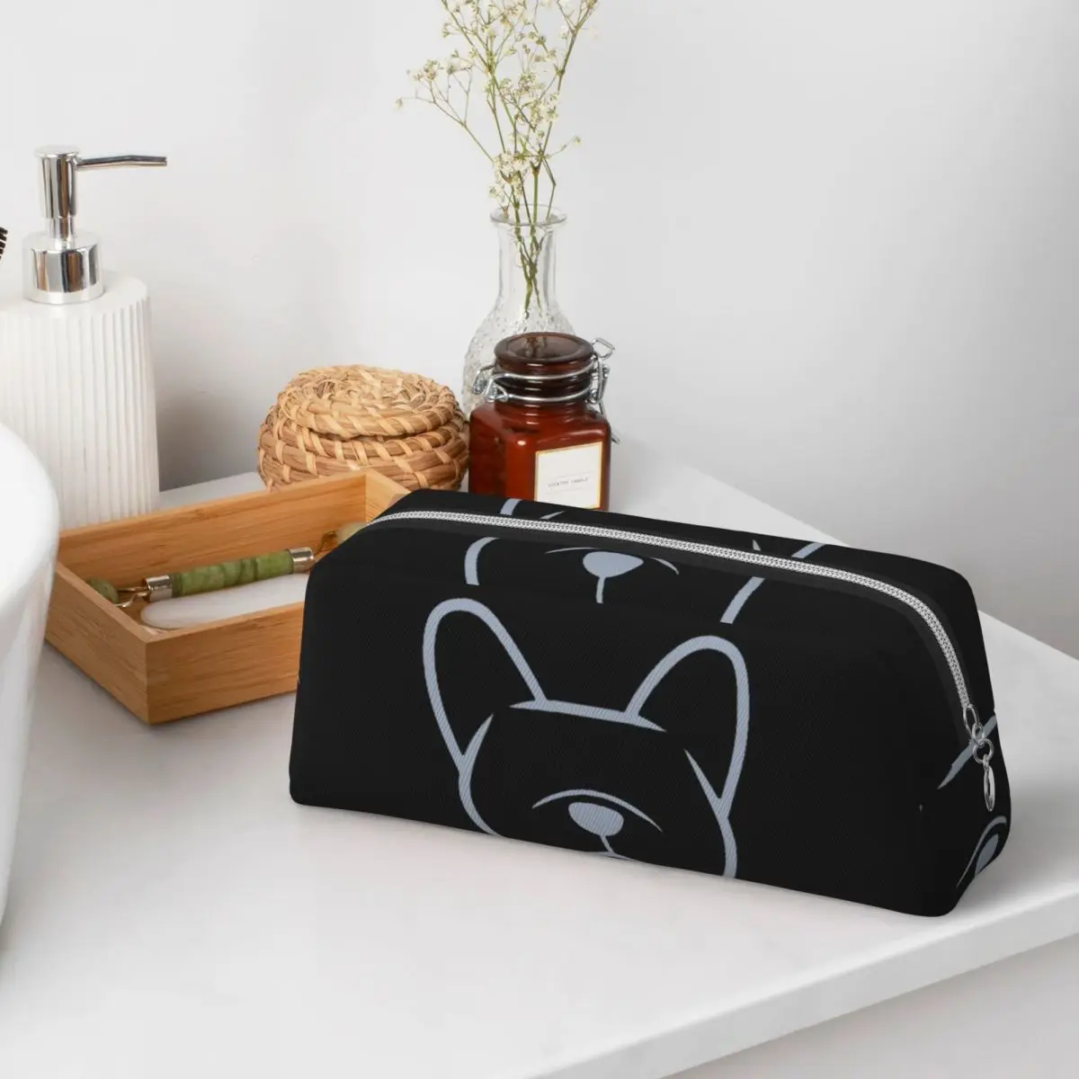 French Bulldog Face Silhouette In Light Gray On Navy Pencil Cases for Students Gifts Pen Box Pencil Bag Pencil Pouch Pen Holder