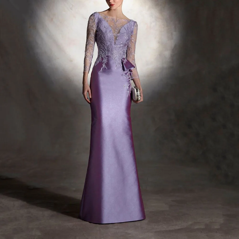 

Gorgeous Purple Evening Party Dresses V-neck Floor Length Trumpet Full Sleeves Illusion Appliques Women Banquet Prom Gowns