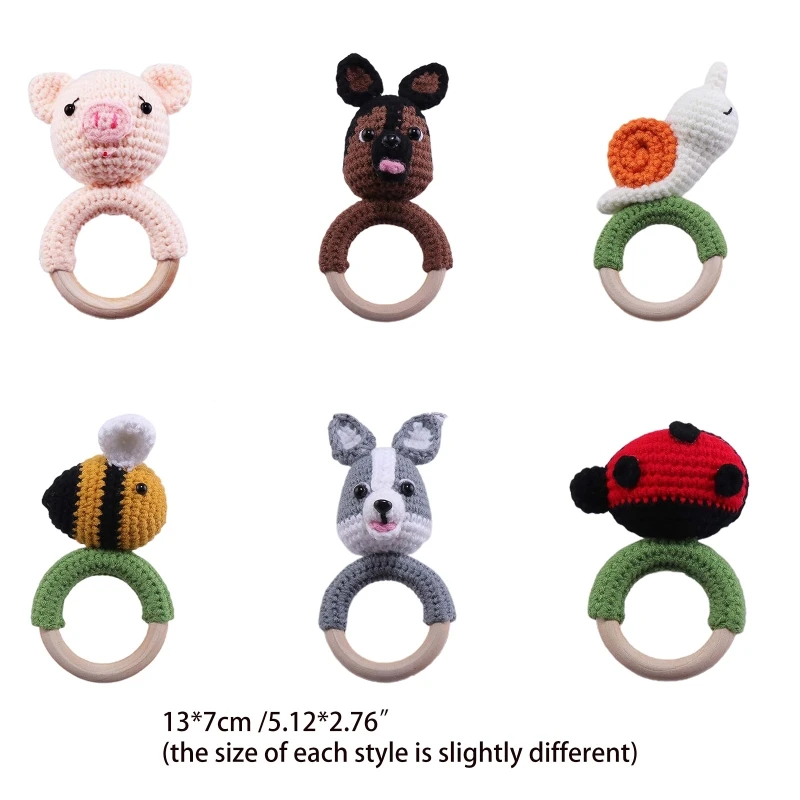 Cincin Teether Kayu Bayi DIY Kerincingan Hewan Rajutan Mainan Menyusui Bayi Tumbuh Gigi D5QF