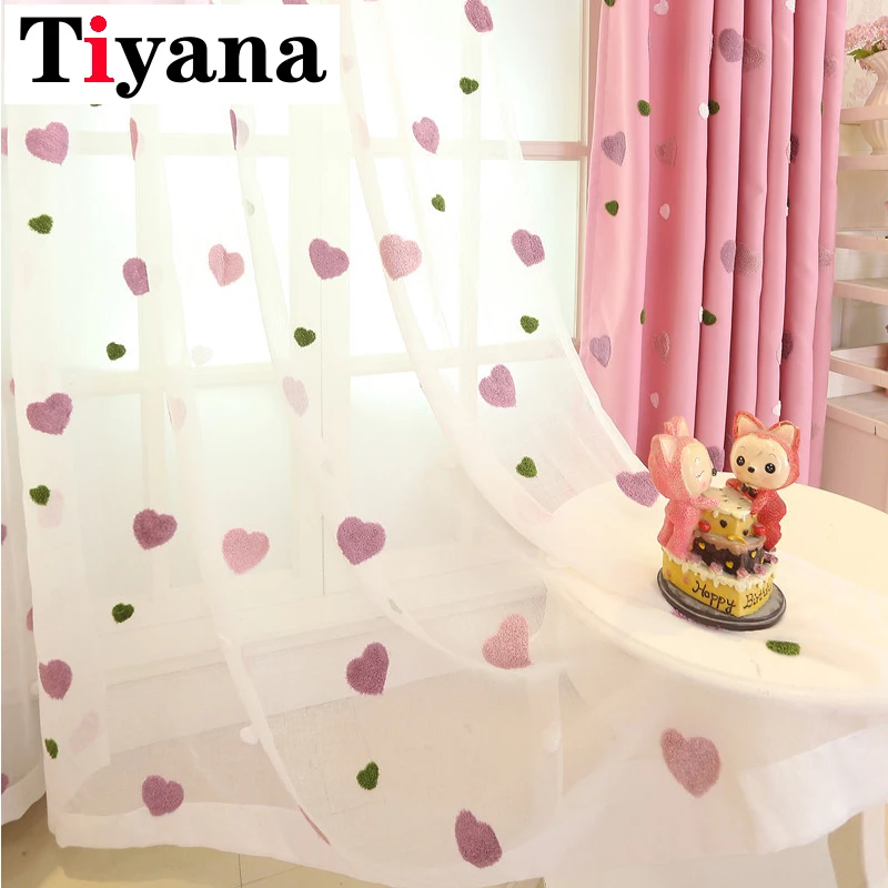 Cartoon Children Pink Embroidered Sheer Tulle 3D Love Heart Blackout Curtain For Girls Living Room Bedroom Window Drapes Cortina