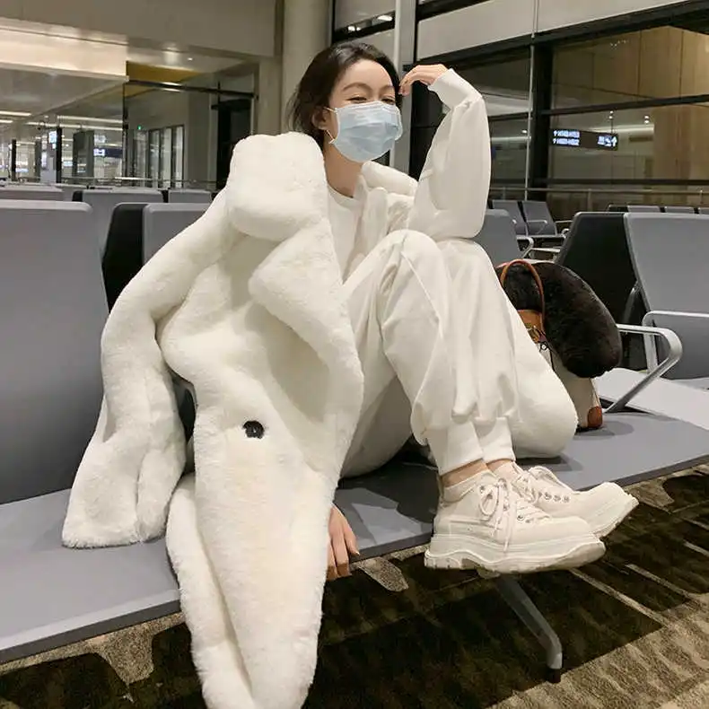 2024 Winter Rabbit Fur Coat Loose Faux Fur Suit Collar White Thick Mink Fur Plush Jacket Versatile