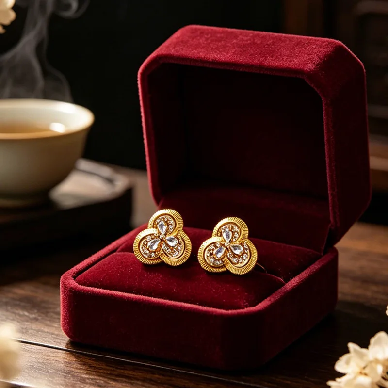 Luxury 24K 9999 Pure Gold real gold Windmill Drill Earrings for Women Retro Wire-drawing Earrings