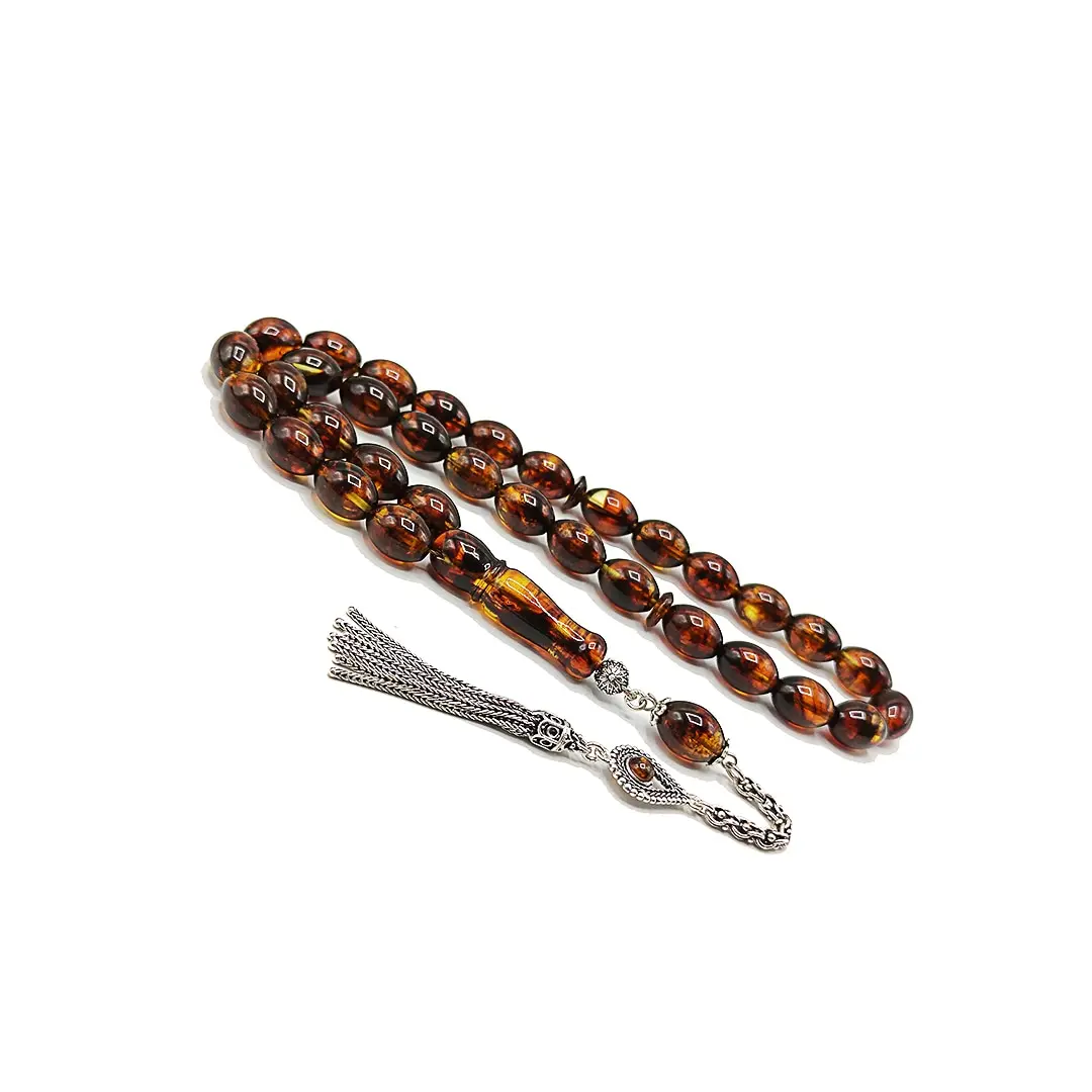 Natural Baltic Amber Tasbih, 925 Sterling Silver, Amber Beads, Misbaha, Islamic Rosary, Kehribar Tesbih, 9x12 mm, 22 Gram