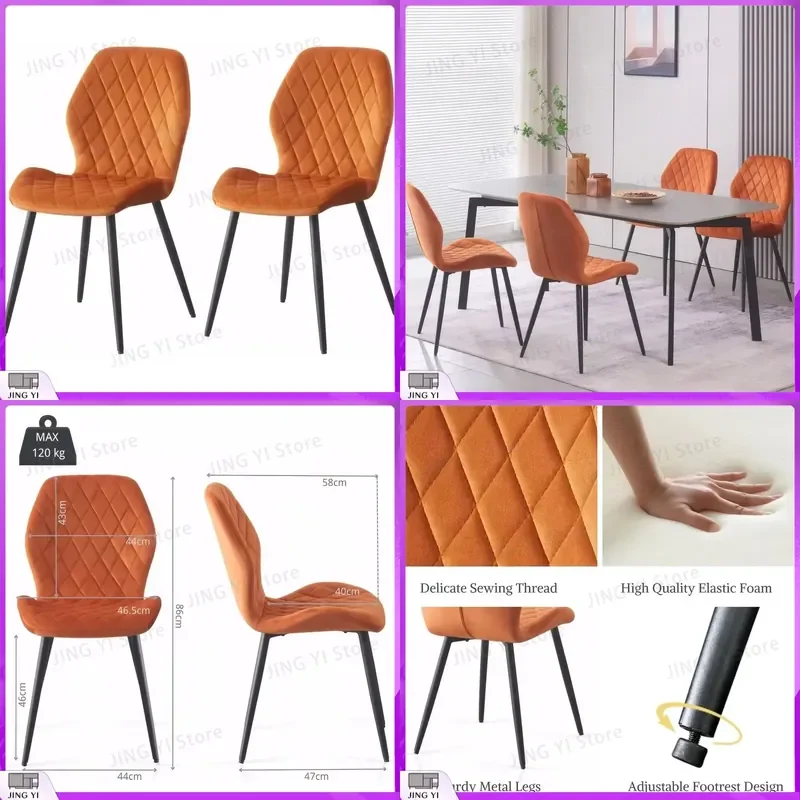 Orange Velvet Upholstered Dining Chairs Set of 2 Metal Legs Modern Kitchen Dining Room Lounge Chair Ergonomic Home Furniture