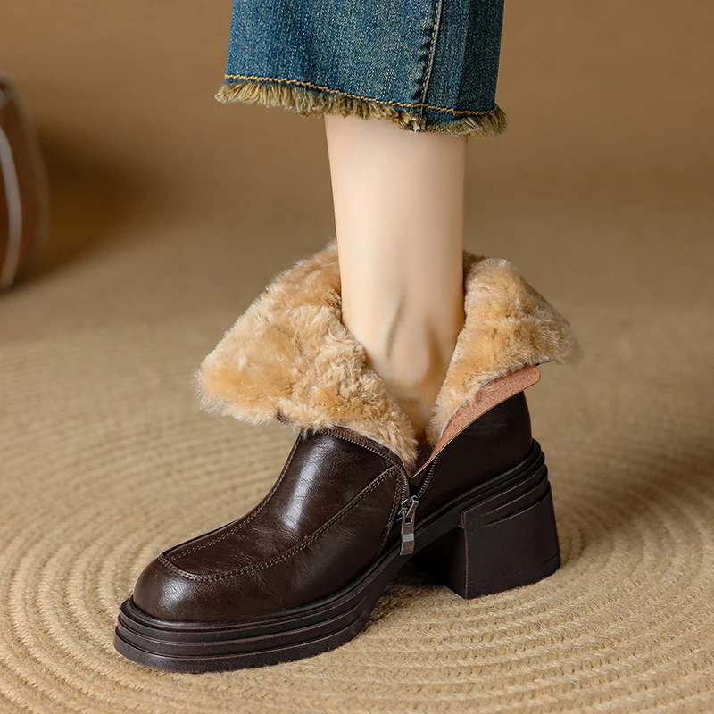 MORAZORA 2025 New Genuine Leather Snow Boots Zipper Round Toe Platform Ankle Boots Faux Wool Thick Fur Warm Winter Booties