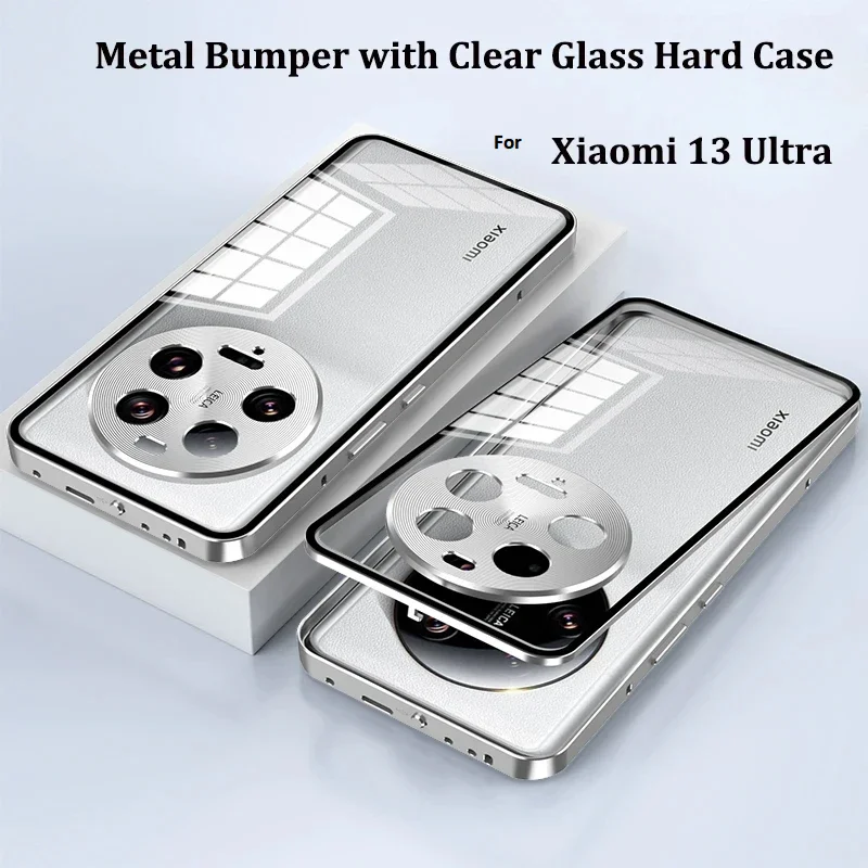 

Metal Bumper with Clear Back Tempered Glass Case For Xiaomi Mi 13 Ultra with Metal Camera Lens Protector