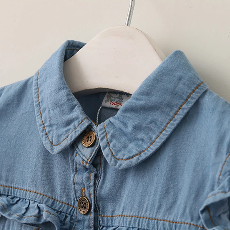 Girls Autumn Denim Shirts Casual Ruffles Blouses Kids Tie Knot Shirt Toddler Baby Girls Long Sleeve Tops Children Outwear Spring