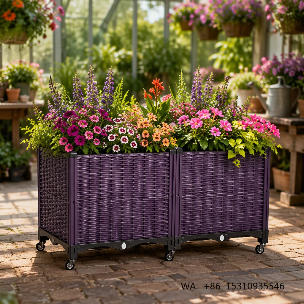 PP Rattan Plastic Planter Box Rectangular Wicker Weave Raised Garden Bed Brown Lightweight Wheel Drainage Hole Self Watering
