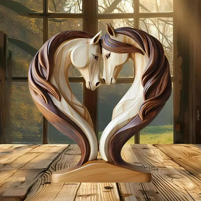 Horse Statues Flat Wooden Ornament Horse Figurine Snuggle Pose Animal Sculpture For Workplace Exhibition Hall Shelf Living Room
