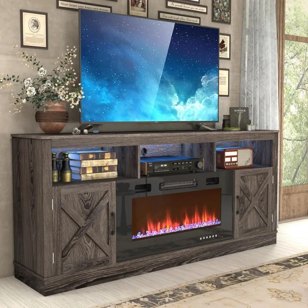 Farmhouse Fireplace TV Stand for 70/75/80 Inch TV, 32”Tall Entertainment Center w/ 36”Electric Fireplace & LED Light