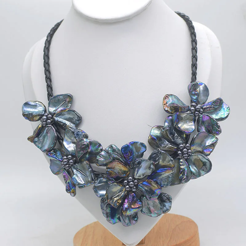 

Set Handmade Shell pearl flower black quartz necklace earrings 48cm women's party wedding jewelry