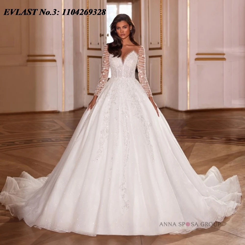 EVLAST Customized 2026 A Line Wedding Dress Long Sleeve Sweetheart Applique Crystal Beaded Bridal Gown Vestidos De Novia E3WA49