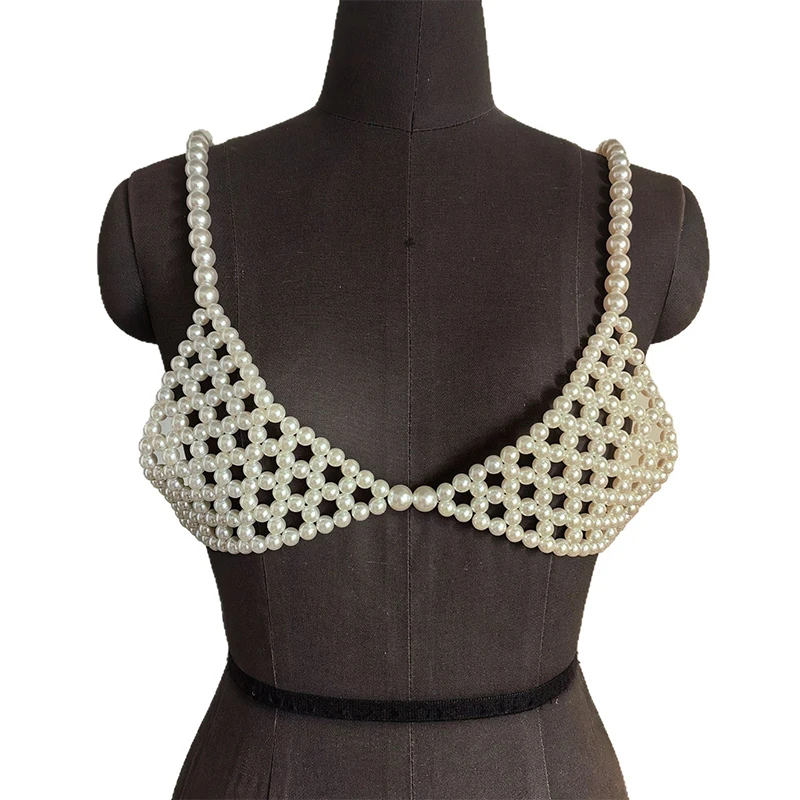 Y2K Backless Bra Top Corset Women Bridal Body Chain Vest Harness White Pearl Beaded Festival Bralette