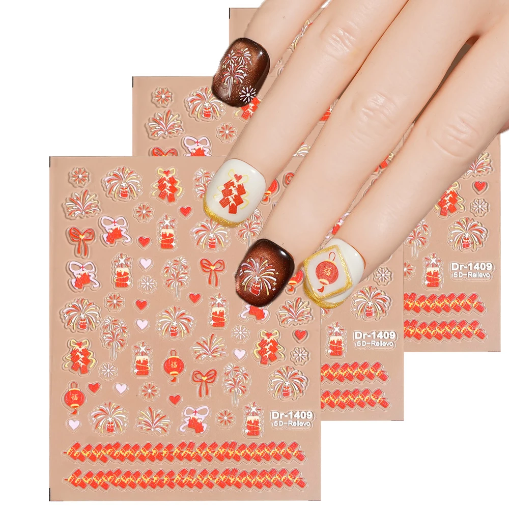 

1/5/10pcs 5D Embossed Chinese New Year Nail Stickers Festive Lantern Bow Nail Art Decals Women DIY Manicure Decor with Tweezer