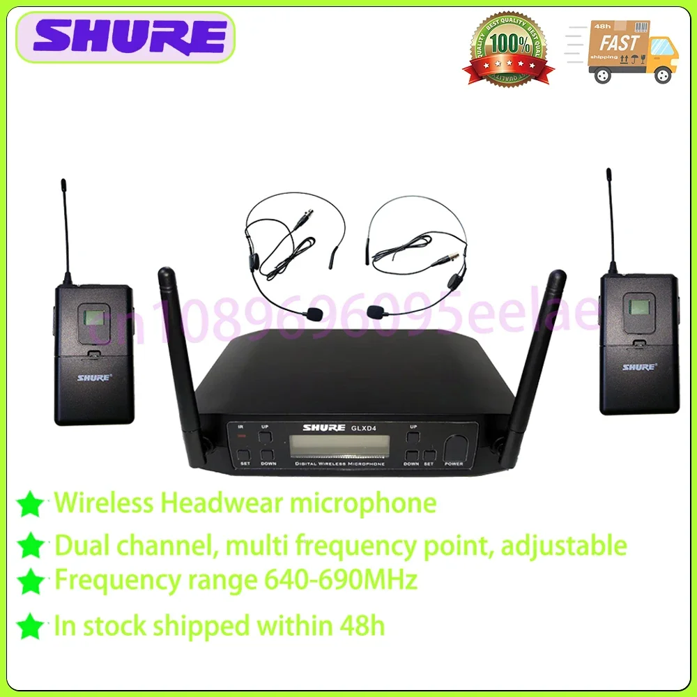 Shure GLXD4 Dual Transmitter UHF Wireless 2 Headwear Microphone 640-690MHz for Karaoke/Speech/Teaching/Tour Guide