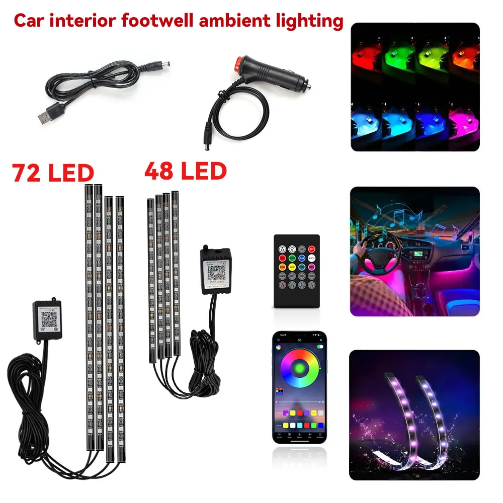 48/72 LED Neon RGB Auto-Fußraumbeleuchtung mit Musik-Rhythmus, Atmosphärenlampe, kabellose App- & Fernbedienung, universelle Auto-Innendekoration