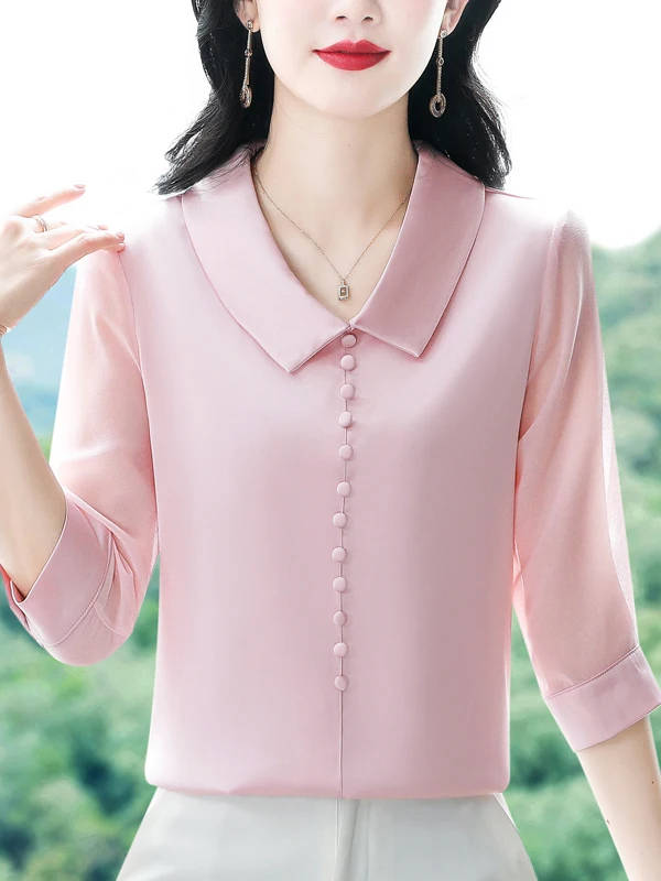 Ladies' Loose Silk Chiffon Shirt Spring Summer New Style Mommy's Seven-Quarter Sleeve Doll Collar Elegant Top Polyester Fiber