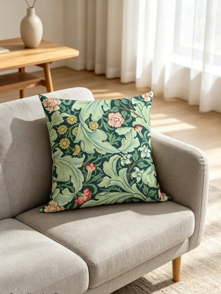 William-Morris Vintage-Kissenbezug mit Blumen- und Vogelmotiv, dekorativer Kissenbezug aus Pfirsichhaut für Sofa, Wohnzimmer, Schlafzimmer, Heimdekoration