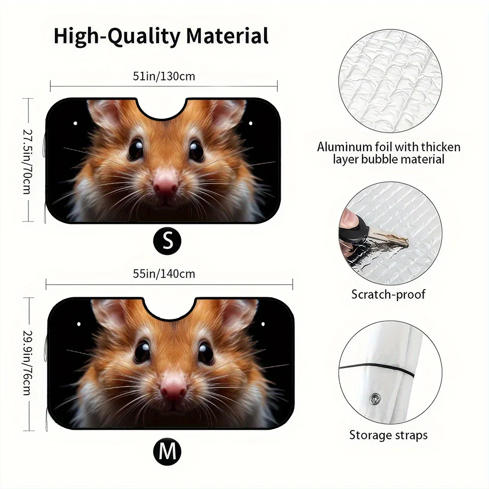 1pc, Hamster Pet Close Up Portrait Print Foldable Car Front Windshield Sun Visor, Perfect For Office Parking, Weekend Drives, An