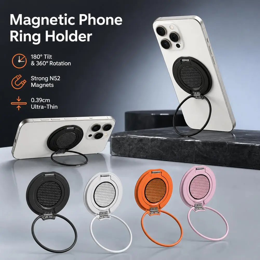 Magnetic Phone Grip Ring Stand N52 Strong Foldable MagSafe 360 Rotation 180 Tilt Ultra Thin Aluminum Alloy iPhone Desk Bracket