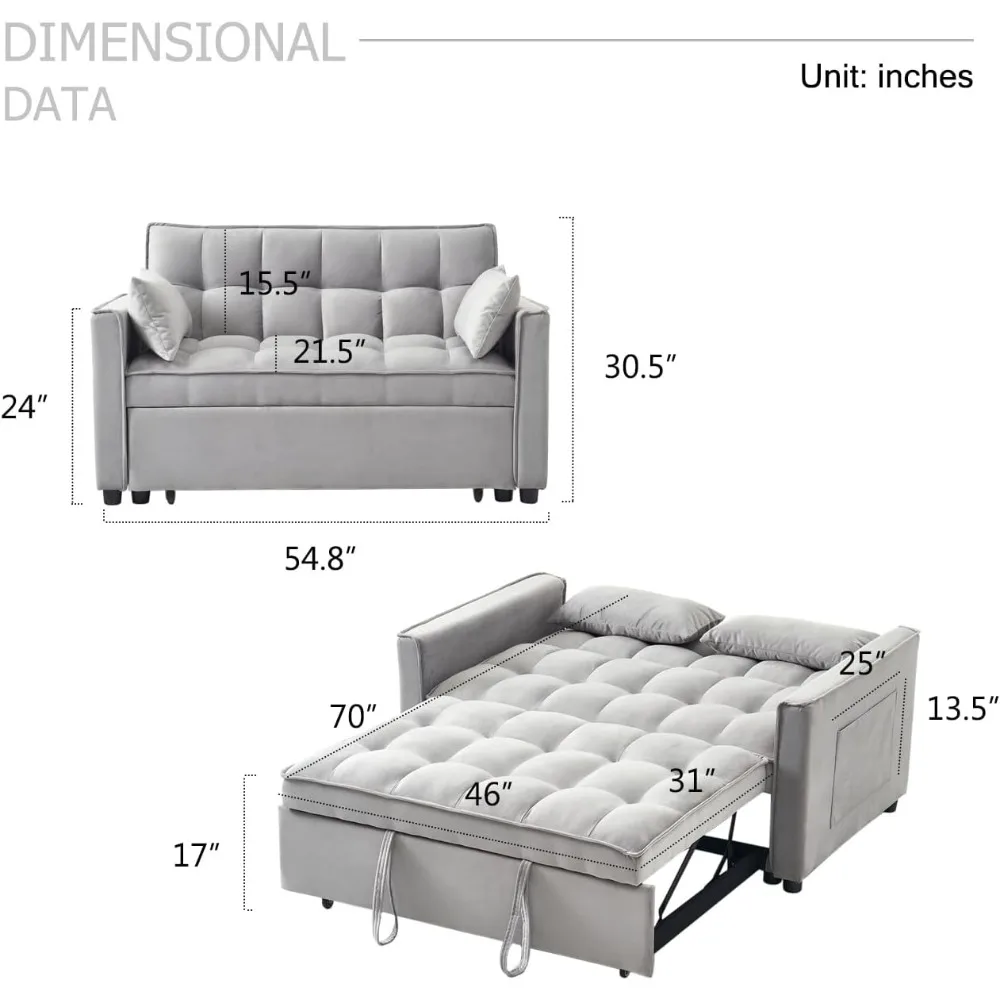 Sleeper Sofa Bed, 3-in-1 Velvet Pull Out Couch with Armrests, Storage Pockets and 2 Pillows, Adjustable Backrest, Sofa Bed Couch