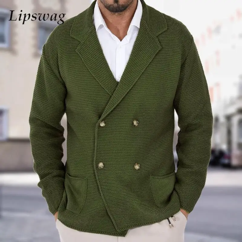 Casual Knitted Suit Jackets Mens Vintage Double-breasted Blazer Collar Sweatercoats Men Autumn Winter Fashion Knitting Cardigans