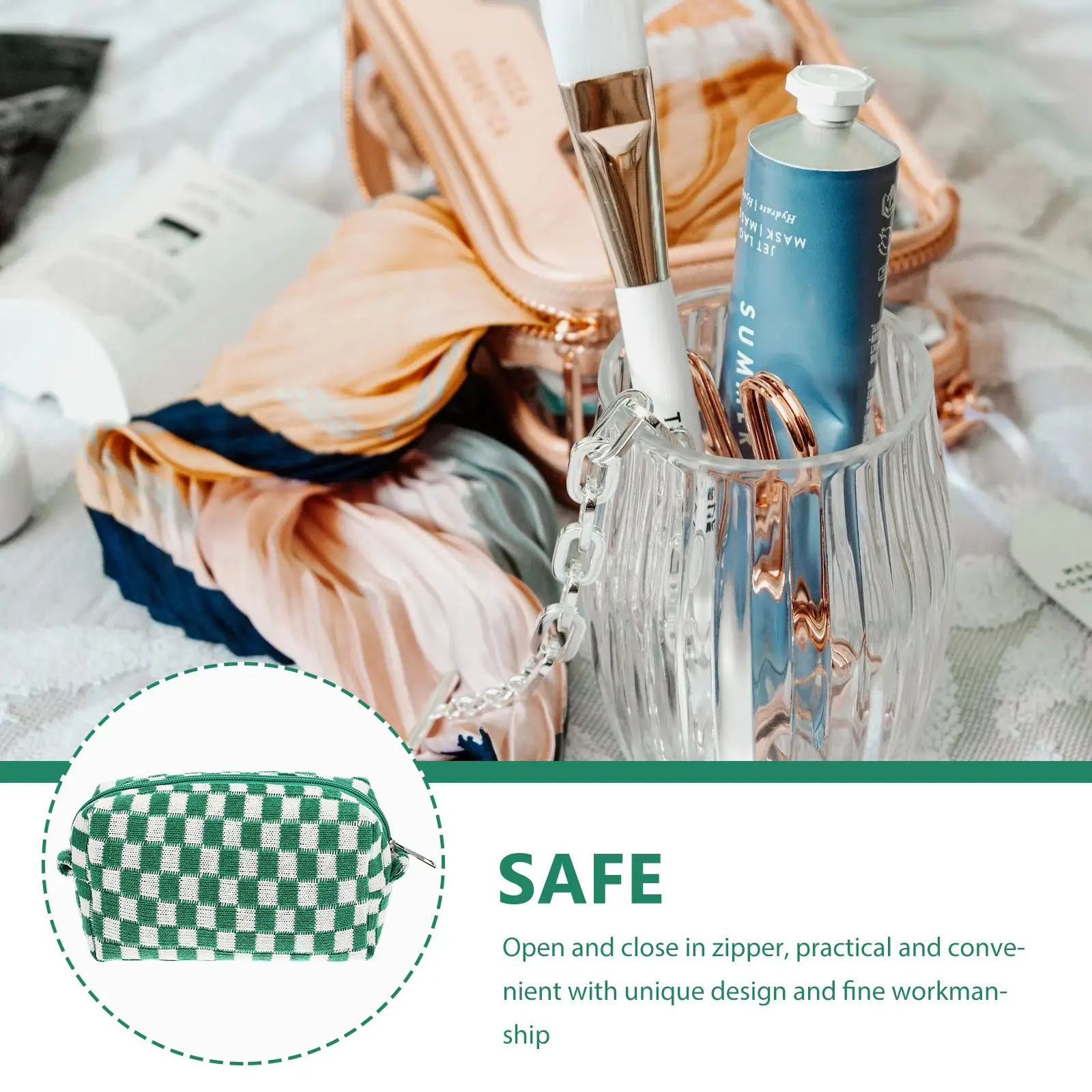 

Checkerboard Bag Blue White Large Capacity Knitted Storage Fall Winter Grid Travel Makeup Pouch Portable Toiletries
