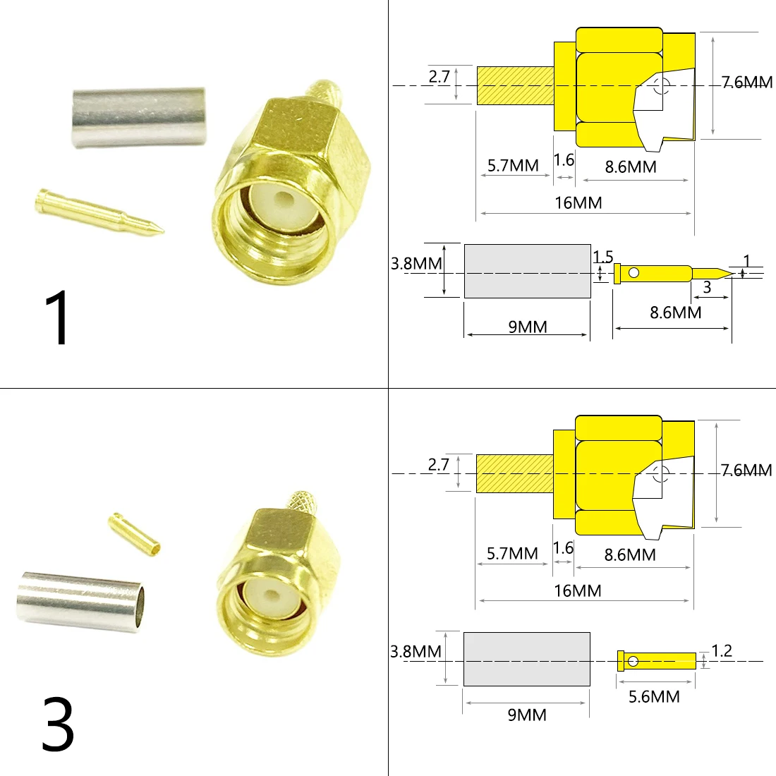 Nowe 1-10 SZT. Złącze SMA męskie na żeńskie / RP RF Złącze koncentryczne zaciskane do kabla LMR100 RG174 RG316 Prosty pozłacany adapter