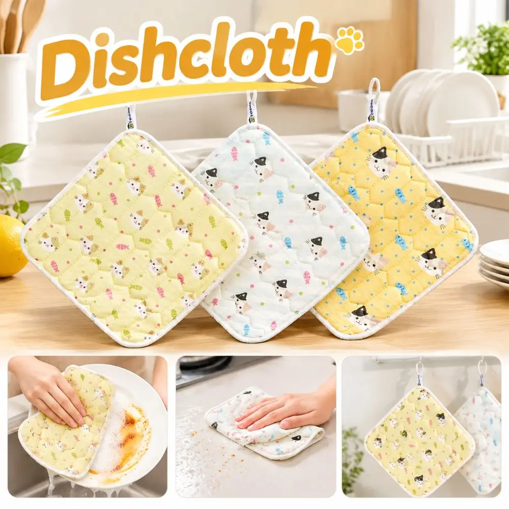 3Pcs New Cartoon Cat Dishcloth Antibacterial Wood Fiber Cleaning Cloth Thickened Quilted Kitchen Towel Dish Washing