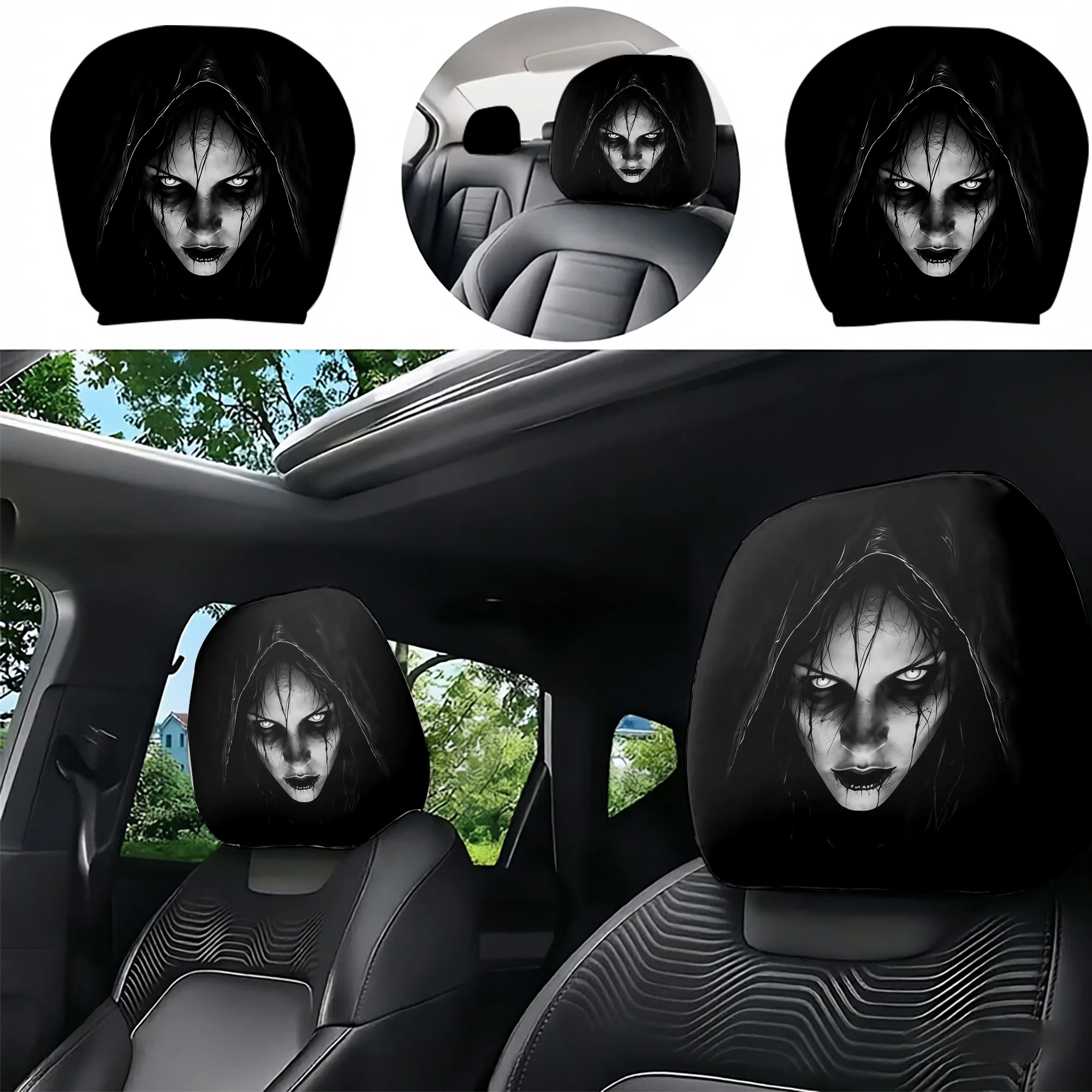 2pcs Gothic-style car headrest covers with hooded designs, creating a spooky atmosphere in your car. Filling not included. Easy