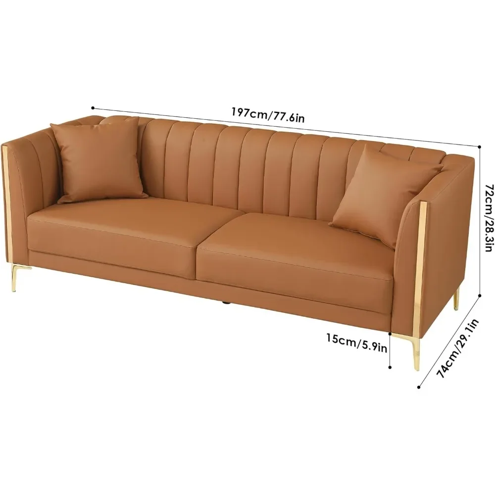 78'' Sofa, with 2 Throw Pillows and Gold Metal Legs, 3 Seater Deep Seat Sofas, Comfy Faux Leather Sofa