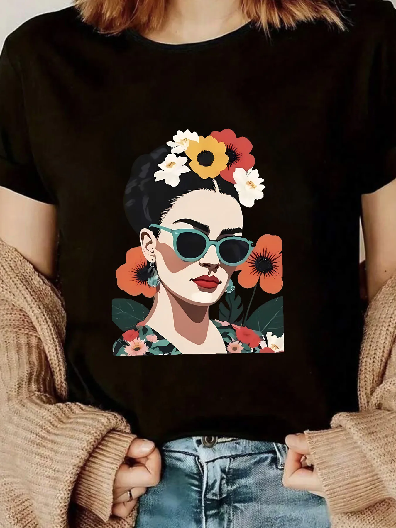 

Женская футболка больших размеров с цветочным принтом и круглым вырезом, короткими рукавами, эластичными половинными рукавами и модными принтами