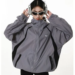 HOUZHOU Grey Windbreakers Jacket Women Japanese 2000s Style Y2k Vintage Oversize Outdoor Jackets Streetwear Casual Hiphop Tops