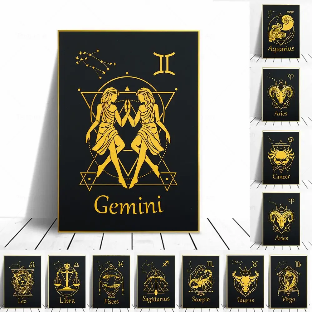 Constellation Black and Gold Wall Art Canvas Poster Aries Leo Virgo Astrology Zodiac Print Painting Room Home Decoration Picture