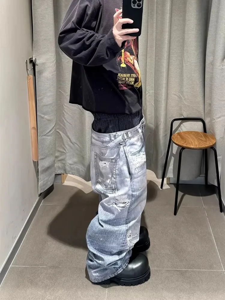 Retro American Double Waist 3D Digital Print Hole Cut Denim Pants Loose Floor-Length Wide Leg Jeans for Men And Women