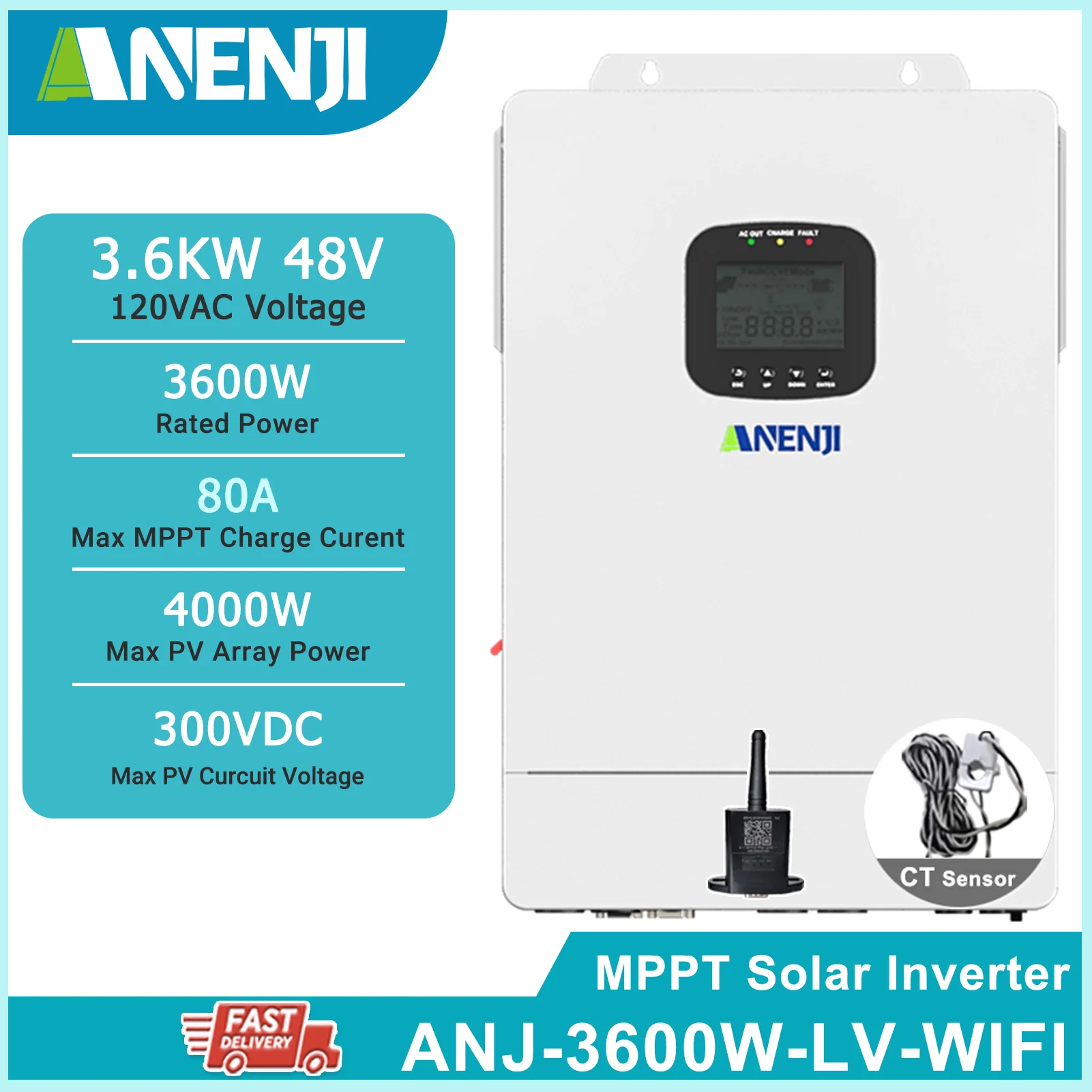 Inversor híbrido de encendido/apagado de la red, controlador de carga Solar MPPT de 80A, 3,6 kW, 48V CC a 110V/120V CA, compatible con WiFi, batería LiFePo4