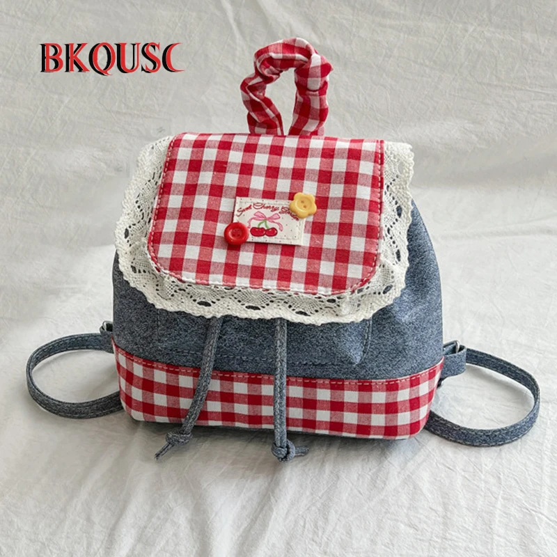 BKQUSC New Original Design Backpacks Denim Lace Red Plaid Mini Backpack Personalized Cute Drawstring Small School Bags