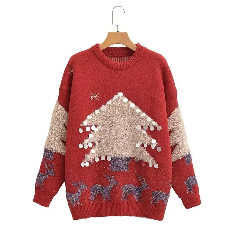 2023 Holiday Sweater Handmade Sequins Christmas Tree Little Deer Jacquard Thickened Pullover