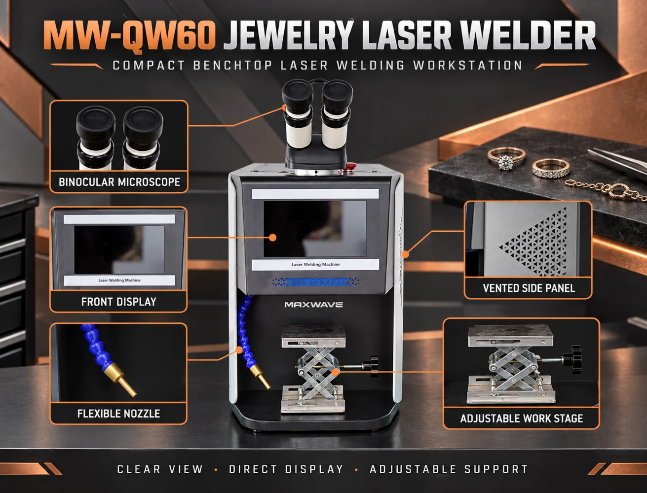 MW-QW60 Compact QCW Jewelry Laser Welding Machine with Binocular Microscope, Front Display and Vented Side Panel