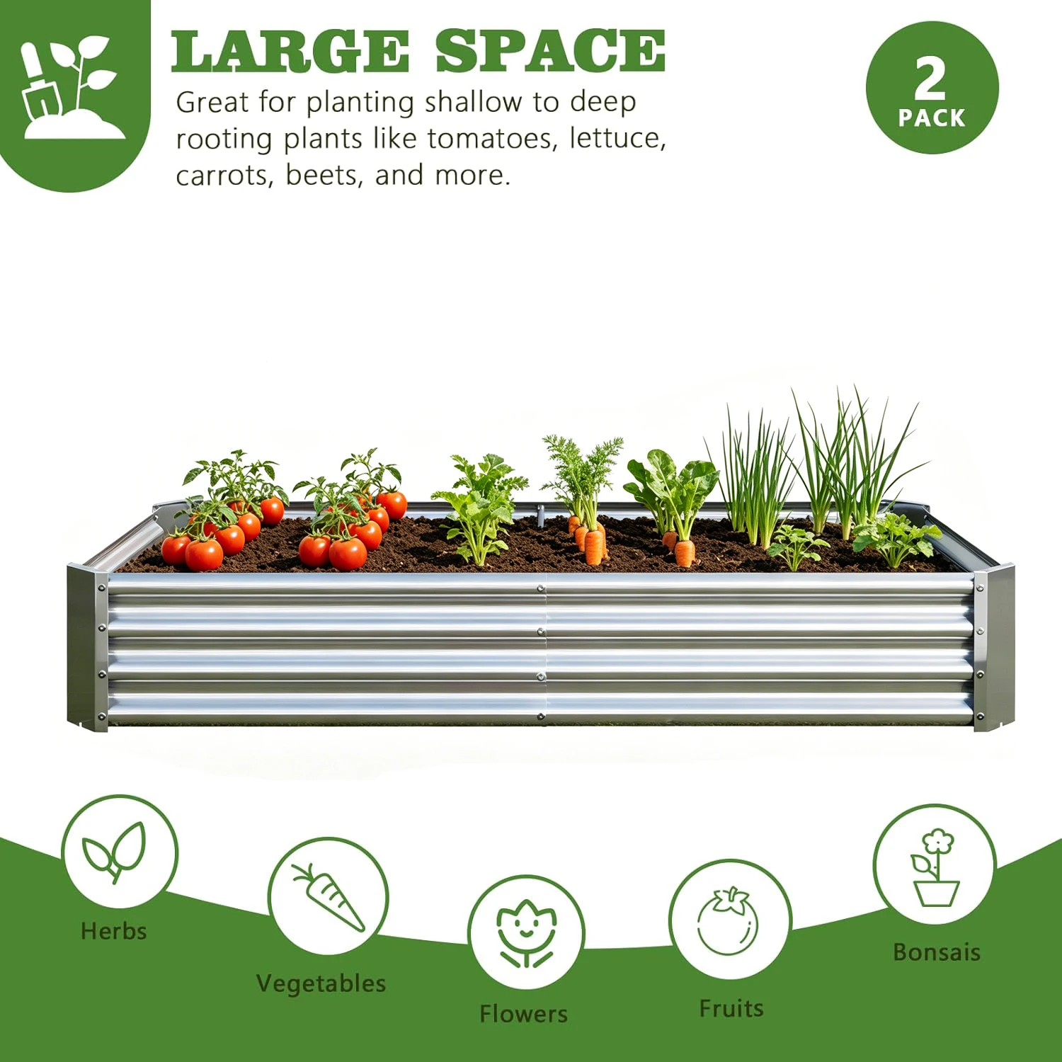 2PCS Silver 6×3×1ft Metal Raised Rectangle Garden Planter Beds