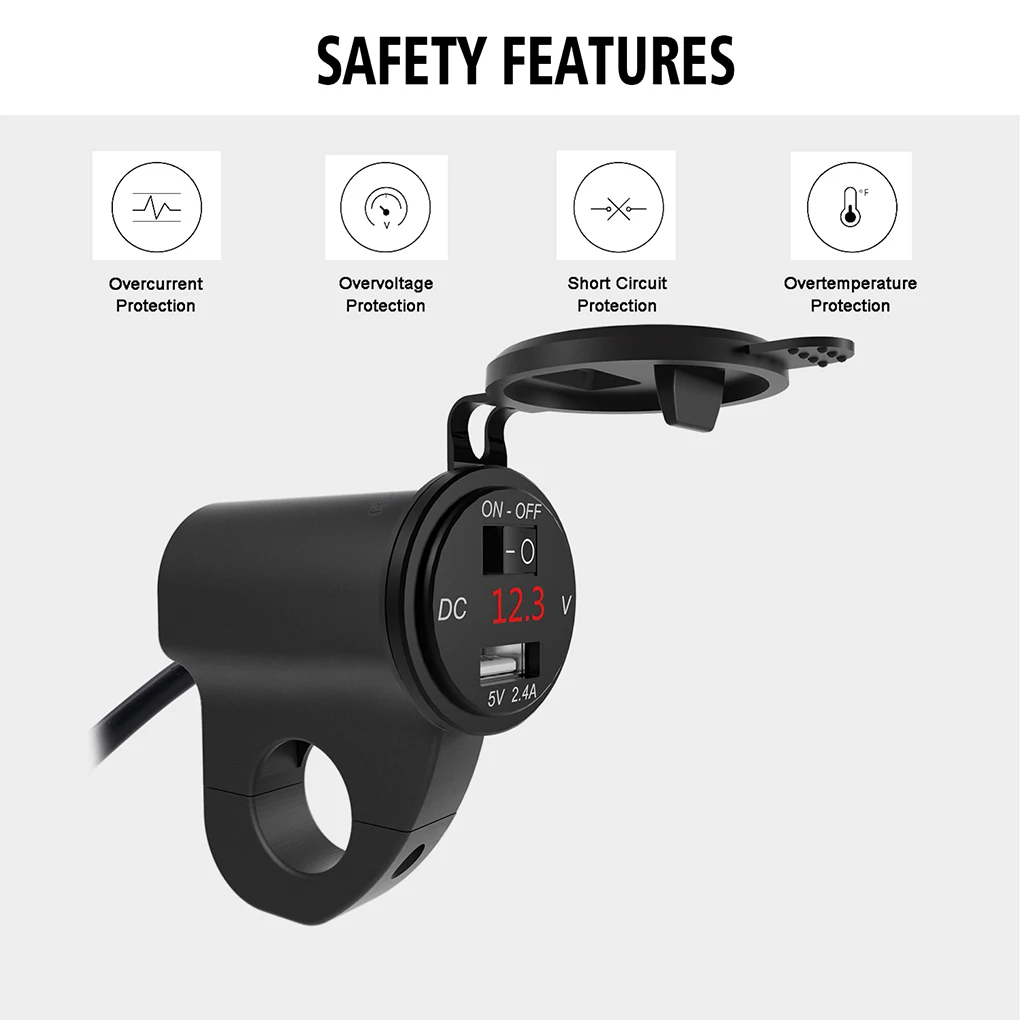 Motorcycle USB Charger Digital Display Phone Charging Adapter Motorbike USB Power Supply with Switch, Black